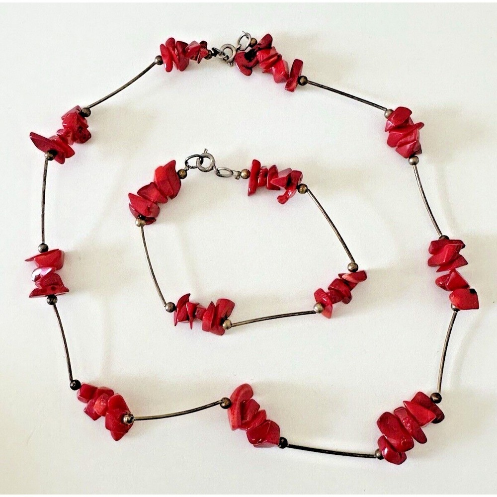 Vtg Red Coral Nugget Bracelet Necklace Set Bead Stunning Bar Silver Tone
